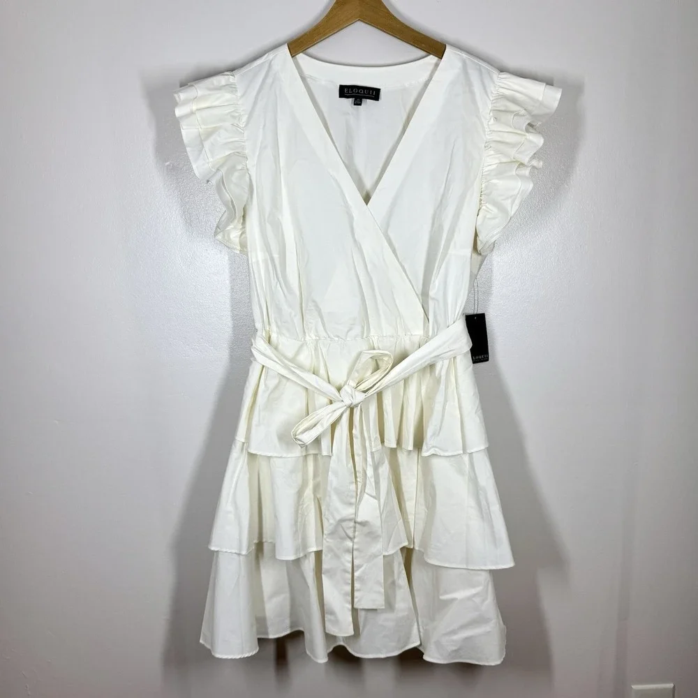 ELOQUII Ivory Tiered Ruffle Mini Wrap Dress‎ Size 20 Bridal Feminine Flattering